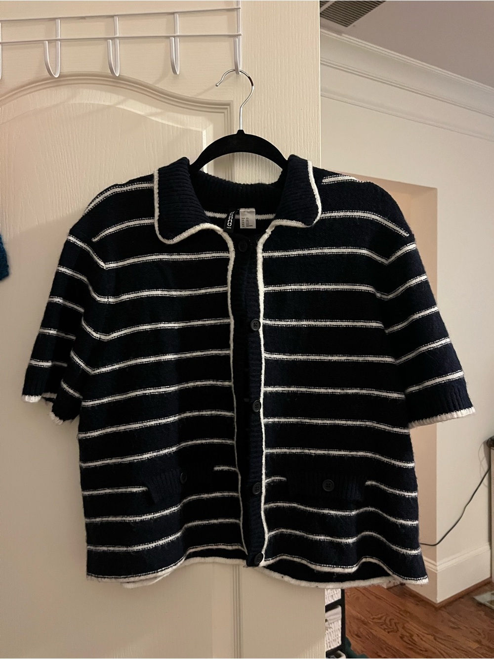 H&M Navy and White Striped Short-Sleeve Cardigan
